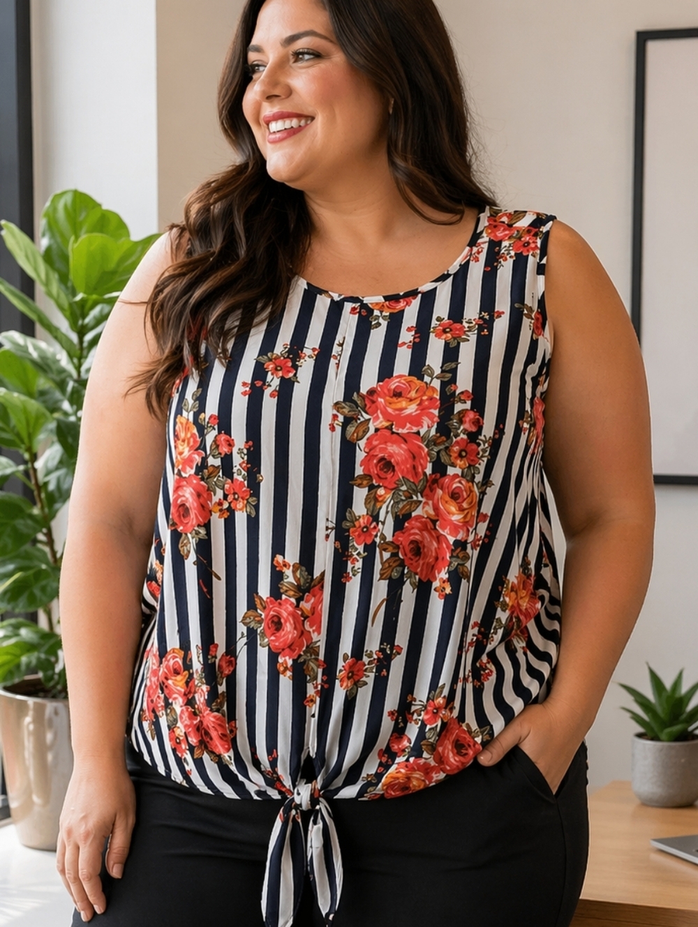 Penningtons Floral Striped Sleeveless Blouse 1X | Navy White Red | Lightweight